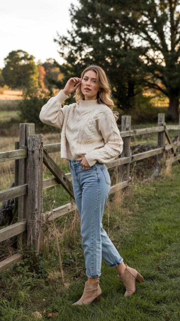 Cable Knit Sweater with Cropped Jeans