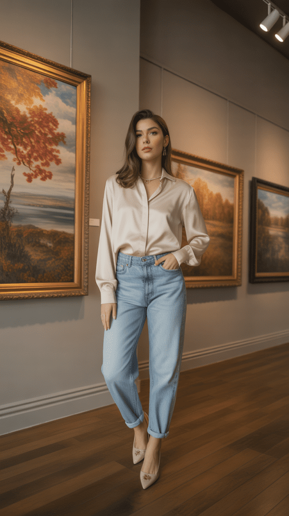 Boyfriend Jeans with Tucked-In Blouse