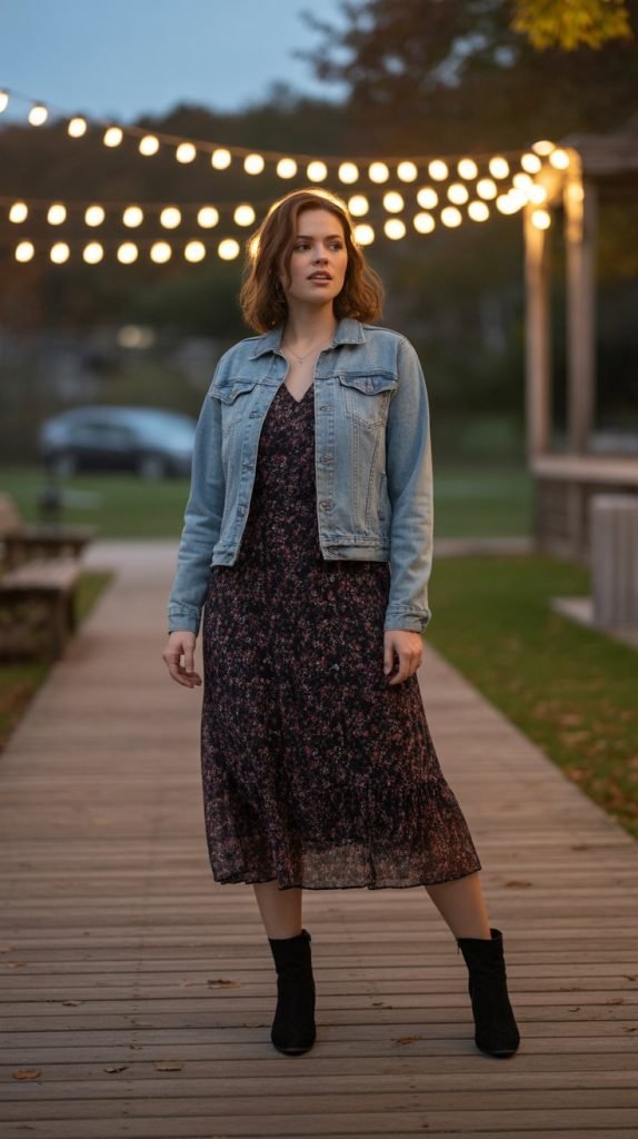 29. Printed Midi Dress with Denim Jacket