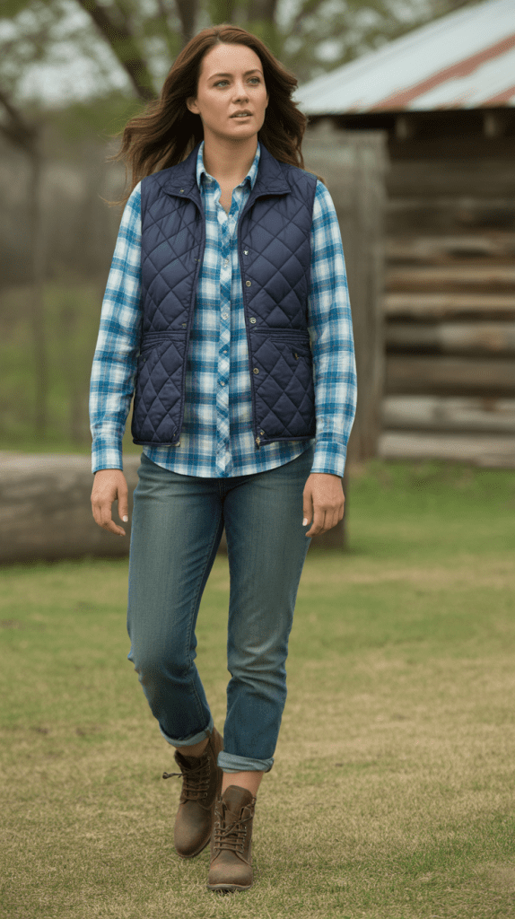 Quilted Vest Over Plaid Shirt with Jeans