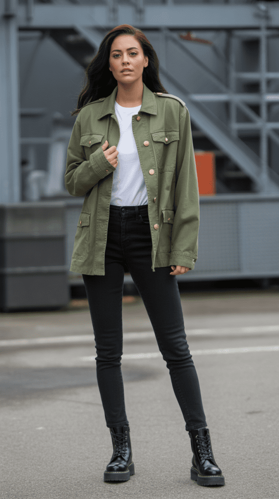 Military-Style Jacket with Black Skinny Jeans