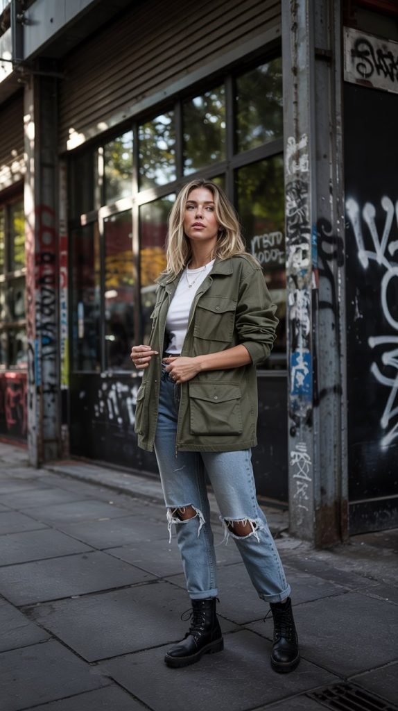 Utility Jacket with Ripped Jeans