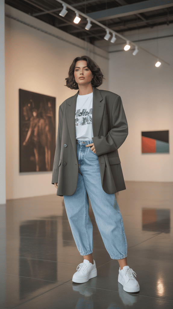 Oversized Blazer with Graphic Tee and Jeans