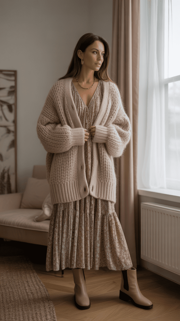 Chunky Knit Cardigan with Midi Dress