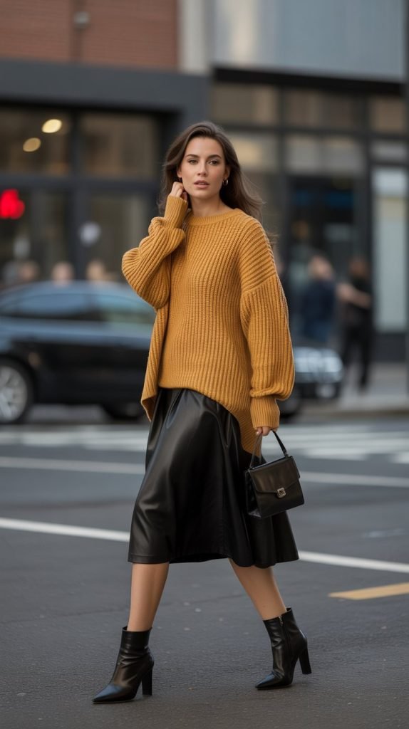 14. Chunky Knit Sweater with Leather Skirt