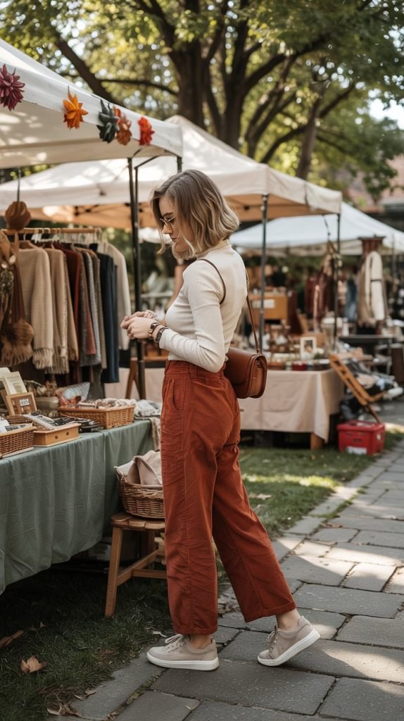  Corduroy Pants with Turtleneck and Sneakers