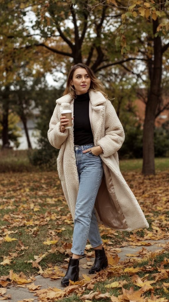 Teddy Coat with Jeans and Ankle Boots