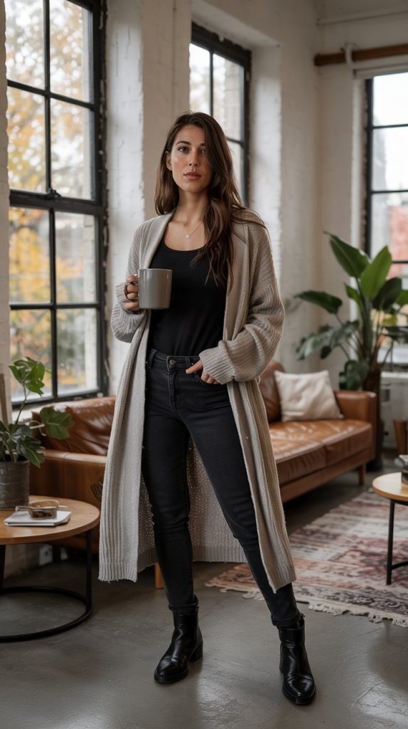 Long Cardigan with Tank Top and Skinny Jeans