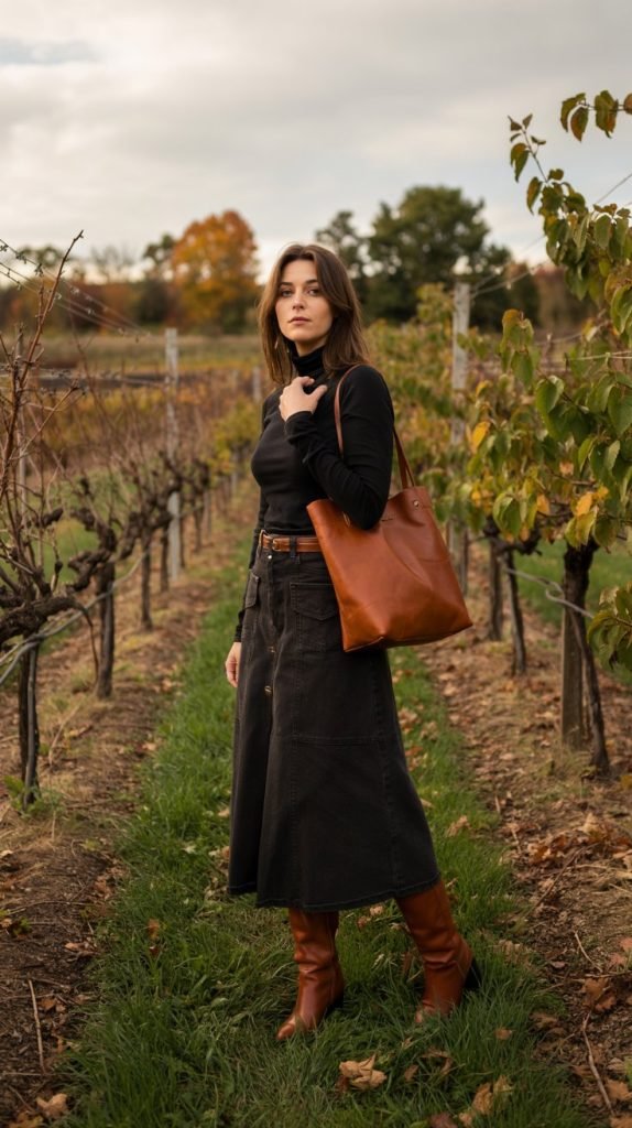Turtleneck with Denim Skirt and Knee-High Boots