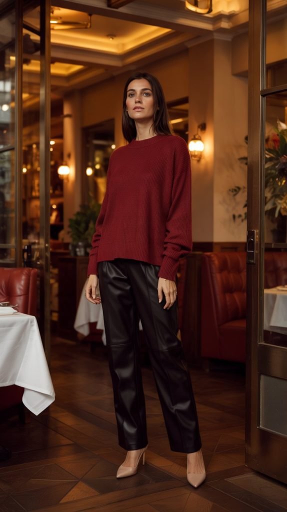  Cashmere Sweater with Leather Pants and Flats