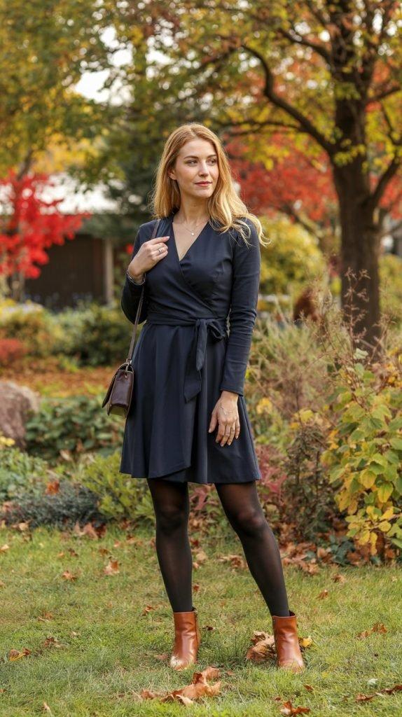 Wrap Dress with Tights and Ankle Boots