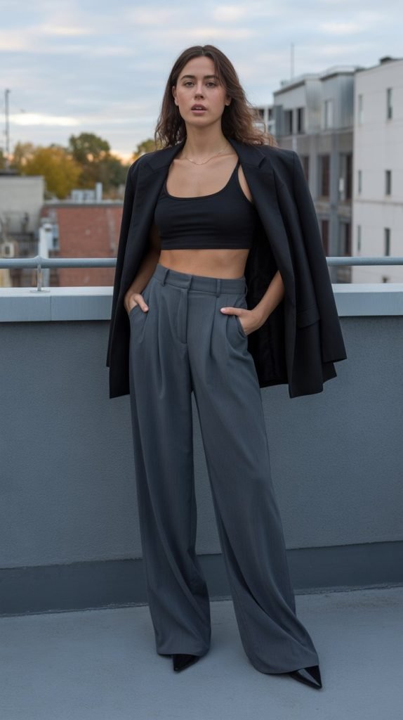 12. High-Waisted Trousers with Crop Top and Blazer