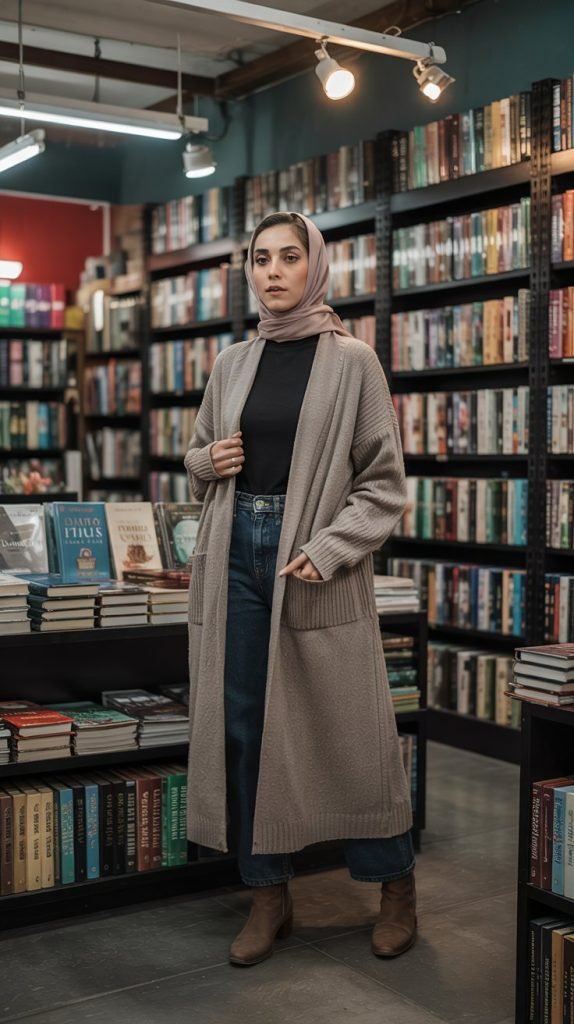 Long Cardigan Coat with Turtleneck and Jeans