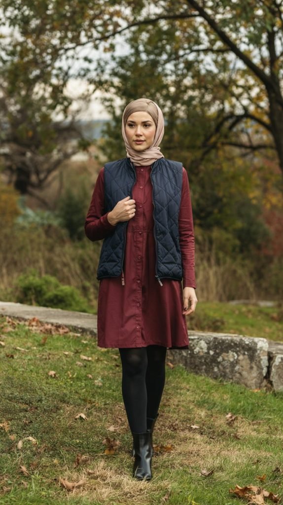 Quilted Vest Over Long-Sleeve Dress