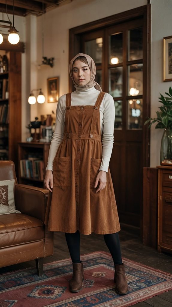 Turtleneck with Pinafore Dress and Boots