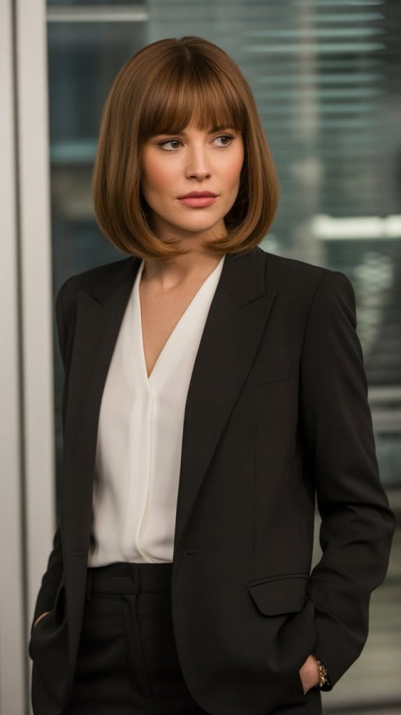  Angled Long Bob with Curtain Bangs for Professional Settings