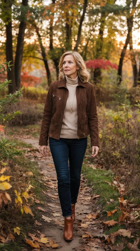 Suede Jacket with Turtleneck and Jeans