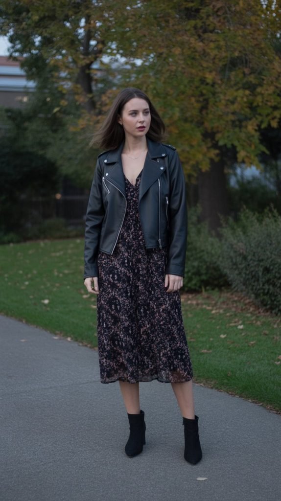 13. Faux Leather Jacket with Floral Midi Dress