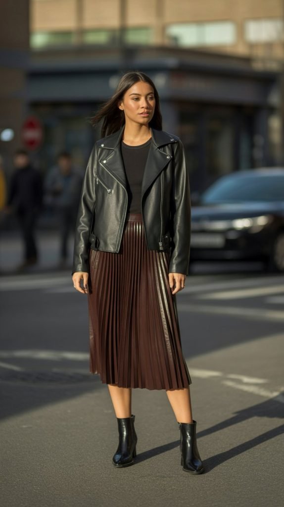3. Leather Jacket and Midi Skirt Pairing