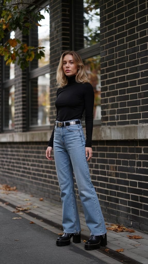 Turtleneck Sweater with Flared Jeans