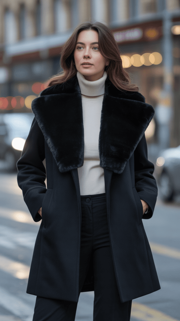 Faux Fur Collar Coat with Turtleneck