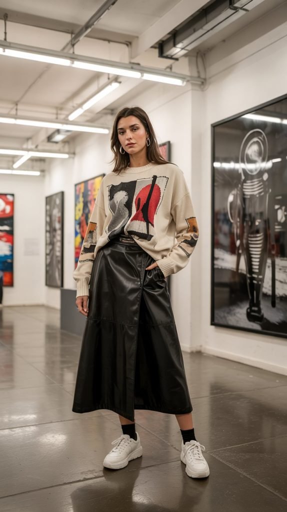 Leather Midi Skirt with Graphic Sweater