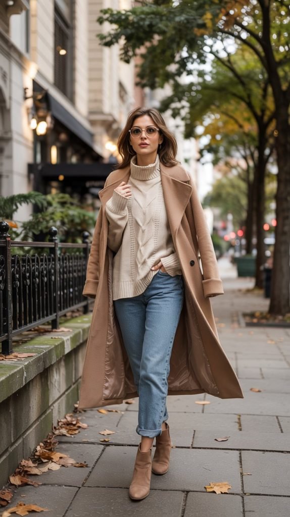 Camel Coat with Blue Jeans