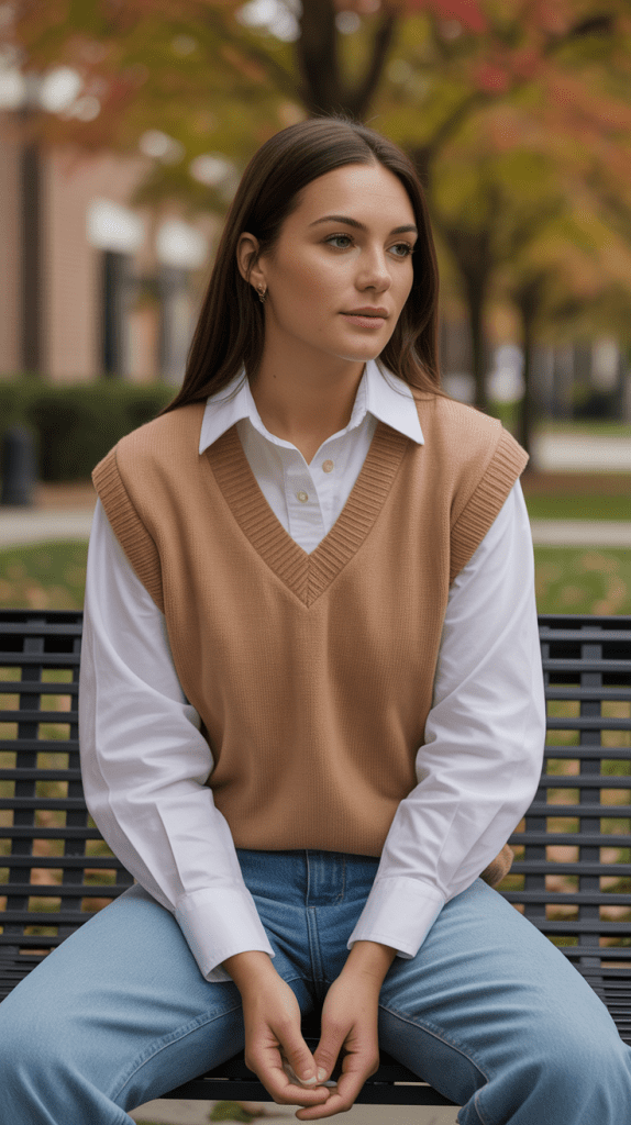 Sweater Vest Over Long-Sleeve Shirt