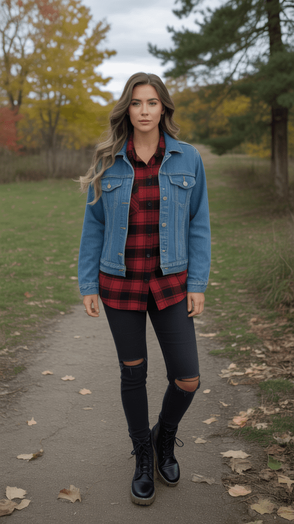  Denim Jacket Layered Over Flannel Shirt