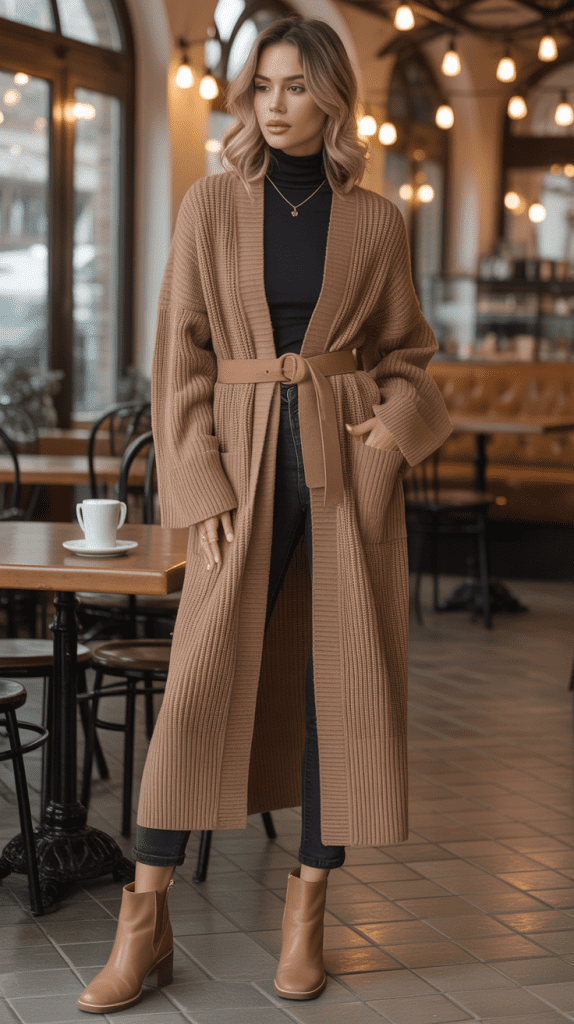  Belted Long Cardigan with Turtleneck and Boots