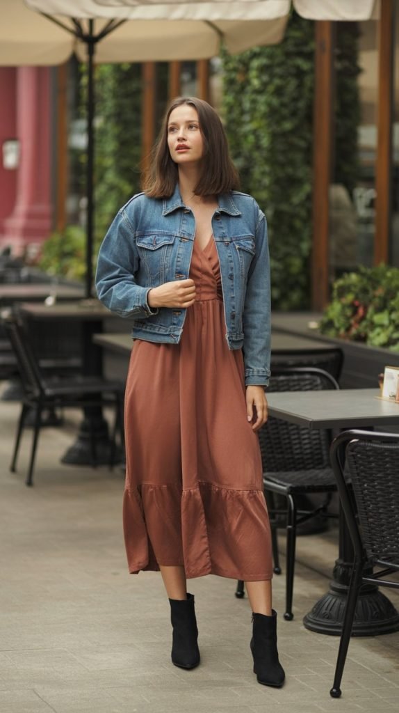 5. Denim Jacket Layered over Midi Dress