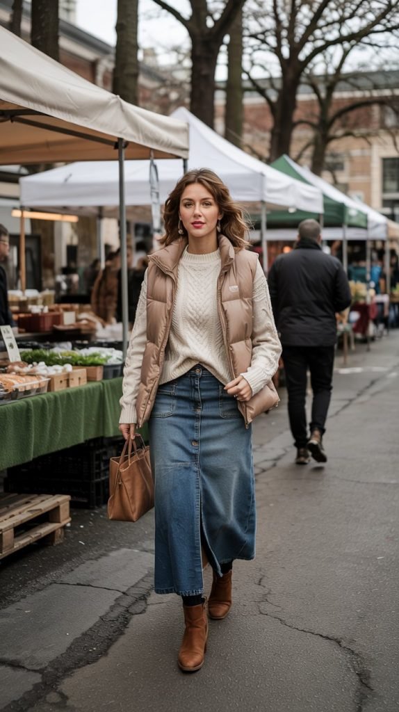 Denim Skirt with Cable Knit Sweater