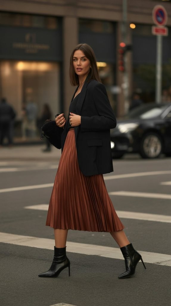 3. Midi Skirt with Ankle Boots and Blazer