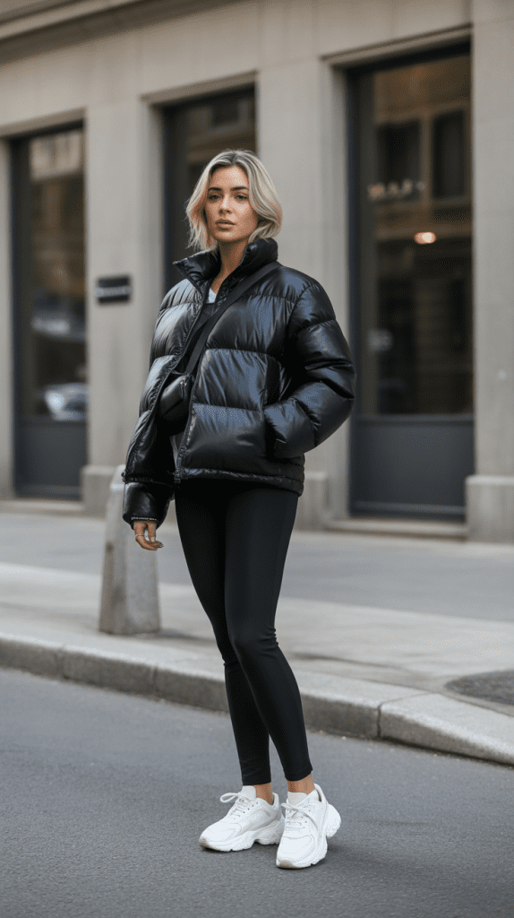 Puffer Jacket with Leggings and Sneakers