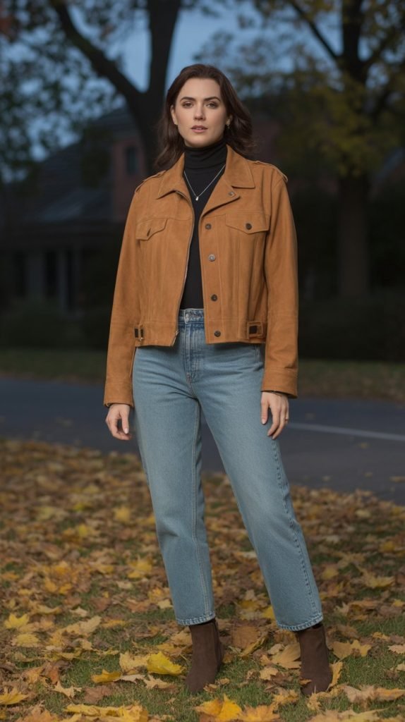 20. Suede Jacket with Turtleneck and Jeans