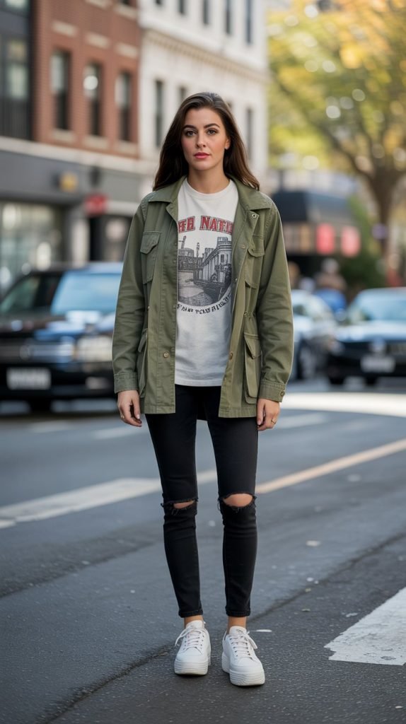 9. Utility Jacket with Graphic Tee and Sneakers
