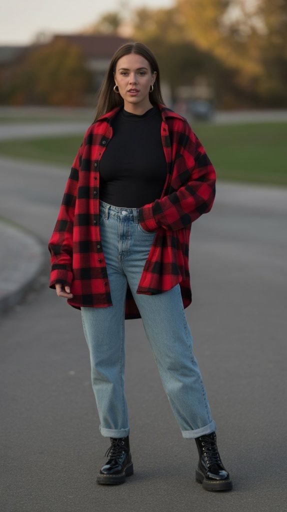 22. Oversized Flannel Shirt with Bodysuit and Jeans