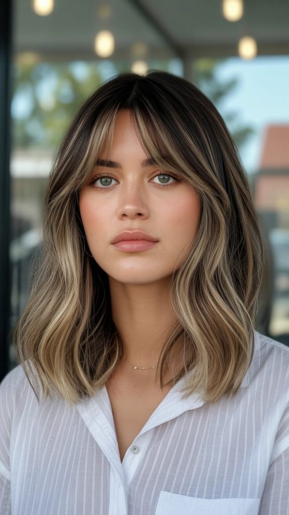  Balayage Long Bob with Curtain Bangs