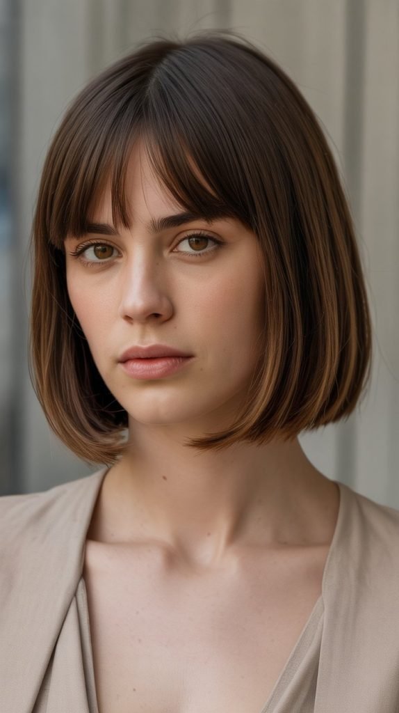 11. Blunt Long Bob with Brow-Skimming Bangs