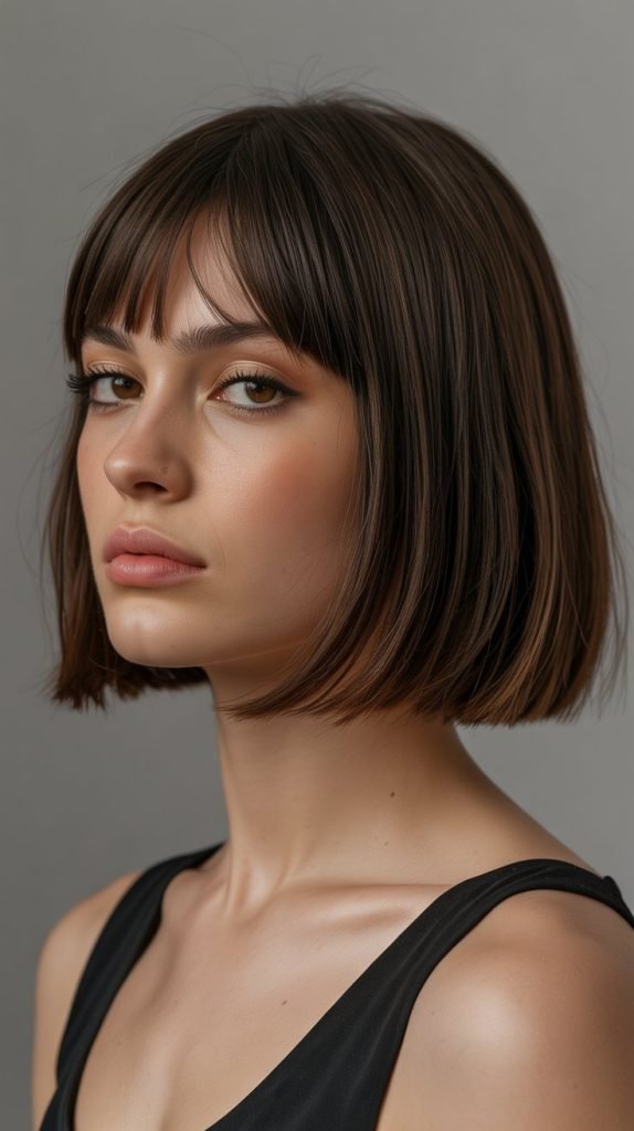 3. Blunt Cut Long Bob with Curtain Bangs