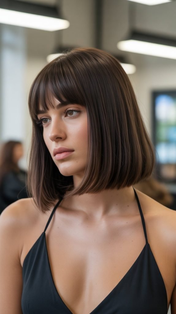 2. Blunt Cut Long Bob with Full Curtain Bangs
