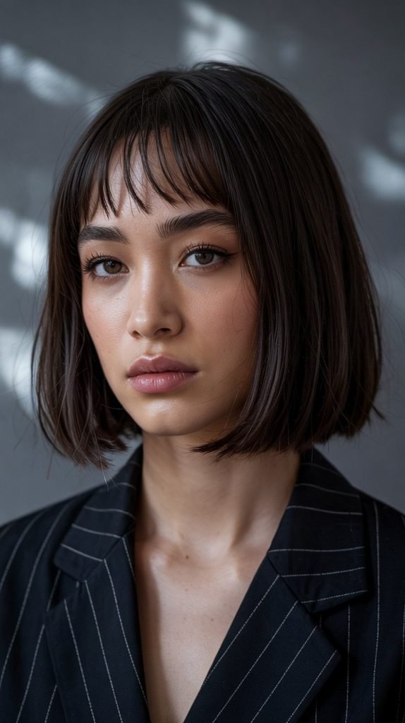  Blunt Cut Lob with Wispy Curtain Bangs and Sharp Side Part