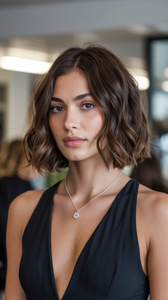 6. Blunt Cut Wavy Bob at Shoulder Length