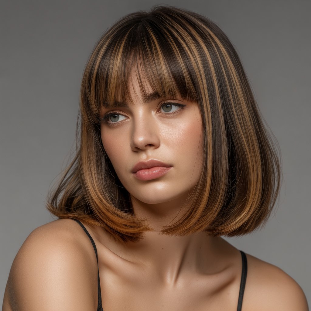 4. Blunt Long Bob with Thick Curtain Bangs