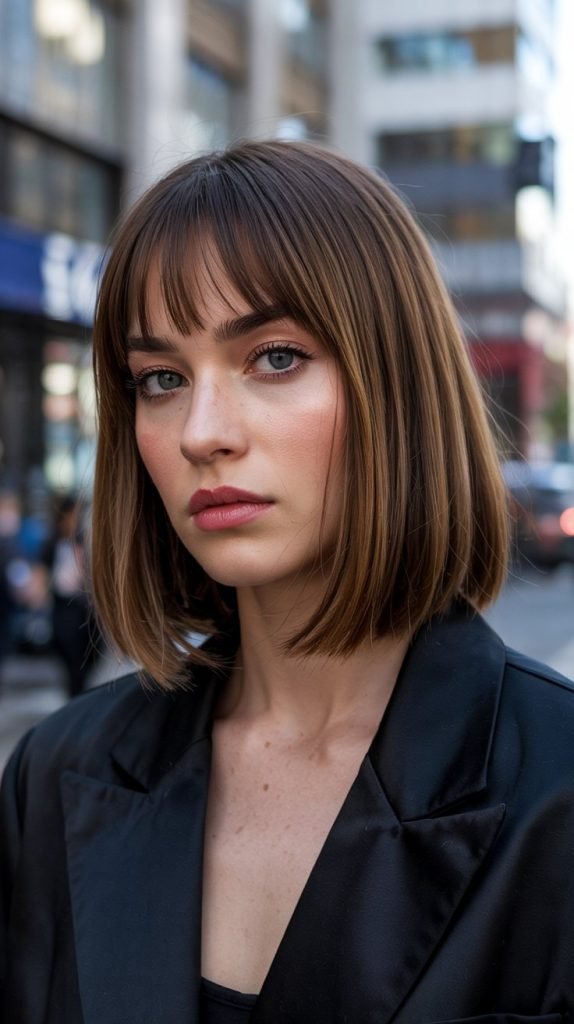 Blunt Cut Long Bob with Full Curtain Bangs