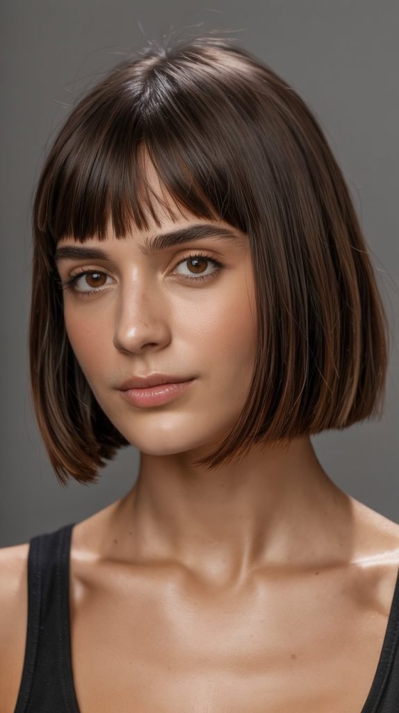 9. Blunt French Bob with Brow-Skimming Bangs