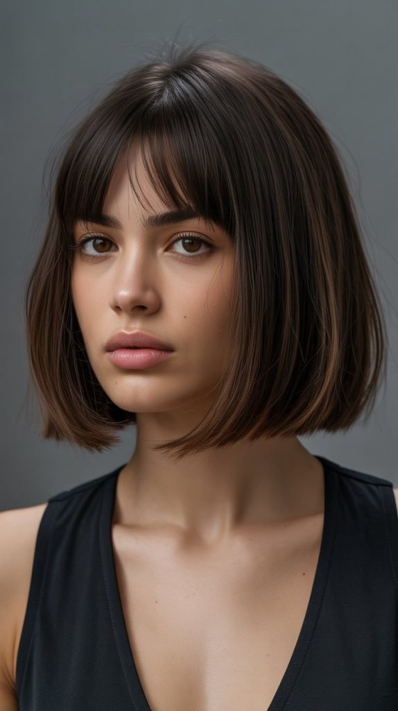 6. Blunt Cut Long Bob with Heavy Curtain Bangs