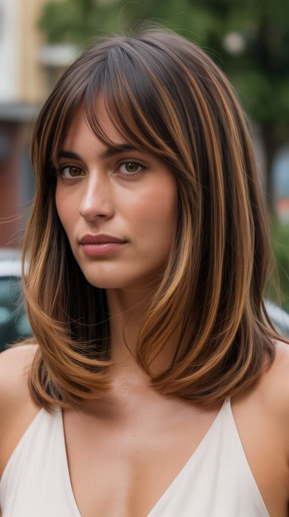 Caramel Highlighted Long Bob with Curtain Bangs