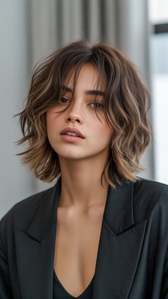 7. Choppy Long Bob with Piecey Curtain Bangs