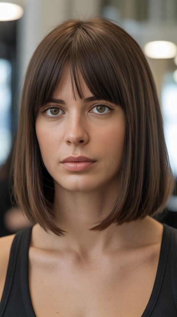 1. Classic Straight Long Bob with Center-Parted Curtain Bangs